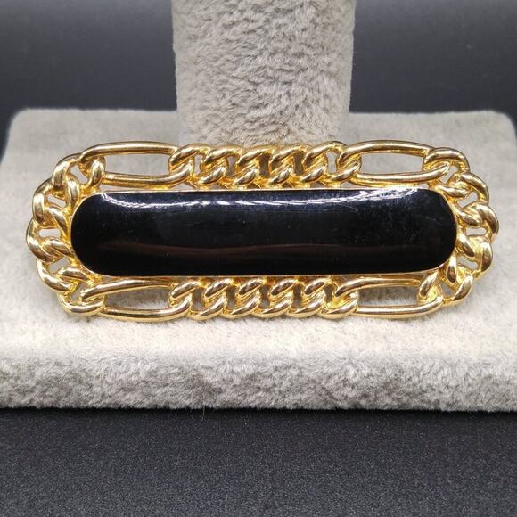 Vintage Monet Black Enamel Brooch, Gold Plated, Chain Design - Picture 5 of 10